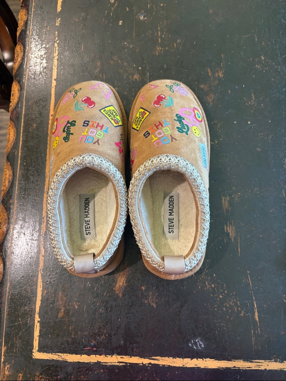 Steve Madden Kids Tan Slip-On Shoes with Colorful Sticker Prints